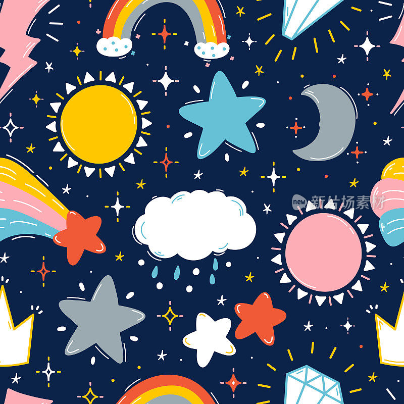Vector Bright Colorful Background with Cute Weather and Celestial bodies: Rainbow, Sun, Stars, Clouds, Moon and Jewels. Sky and Space Seamless pattern for Kids